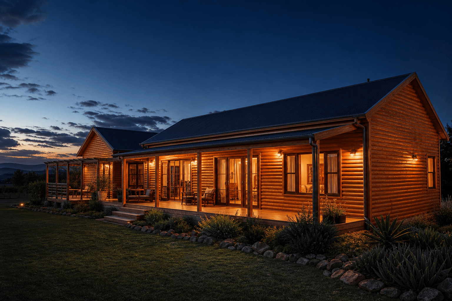 Baby Log Profile timber residence at blue hour